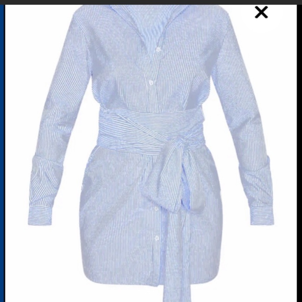 Marsie Blue Pinstripe Tie Waist Shirt Dress